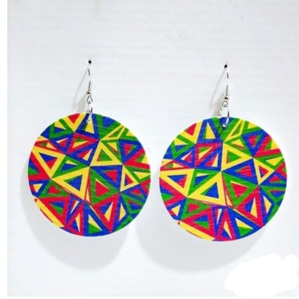 Large Disk Earrings Bold Multi-color Geometric Print